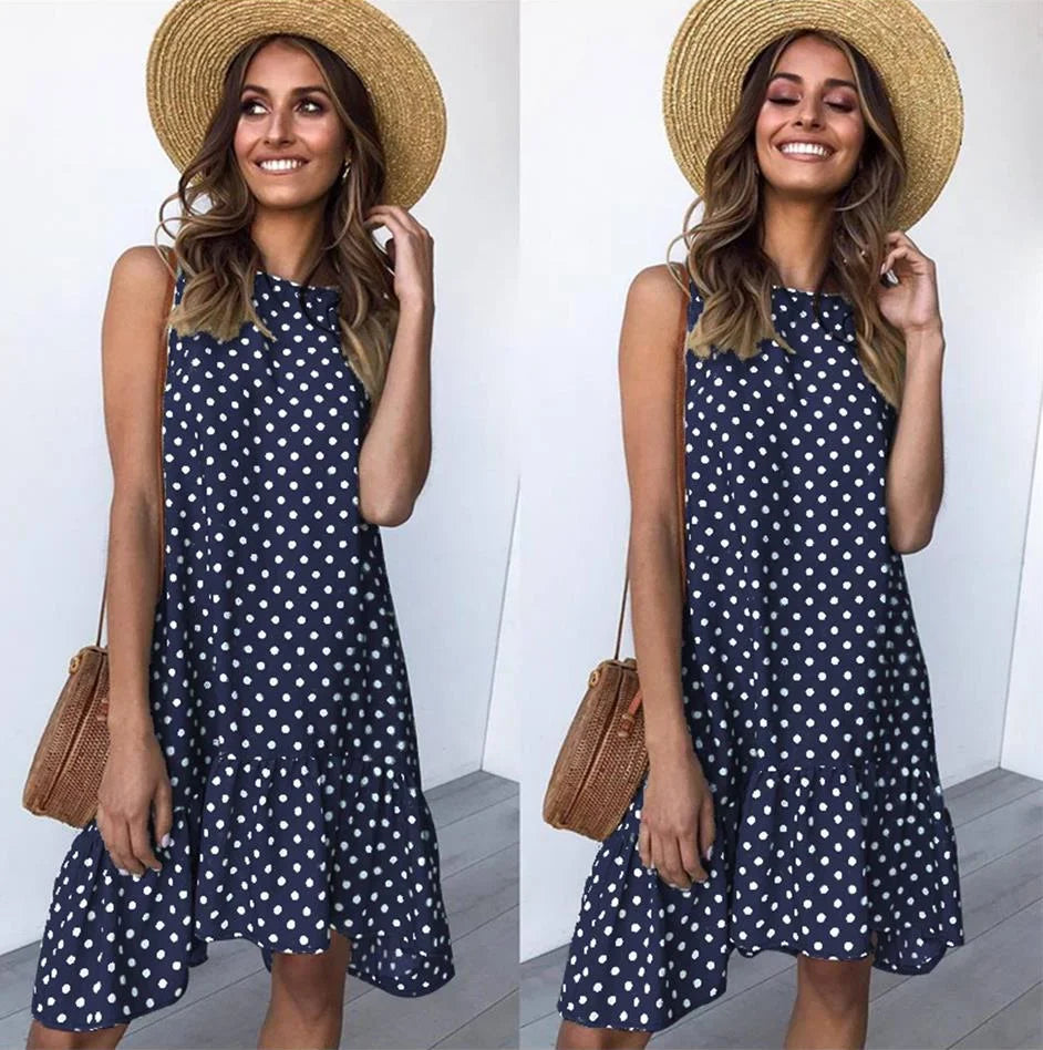 Polka Dot Dress Ruffled Sleeveless Women Round Neck