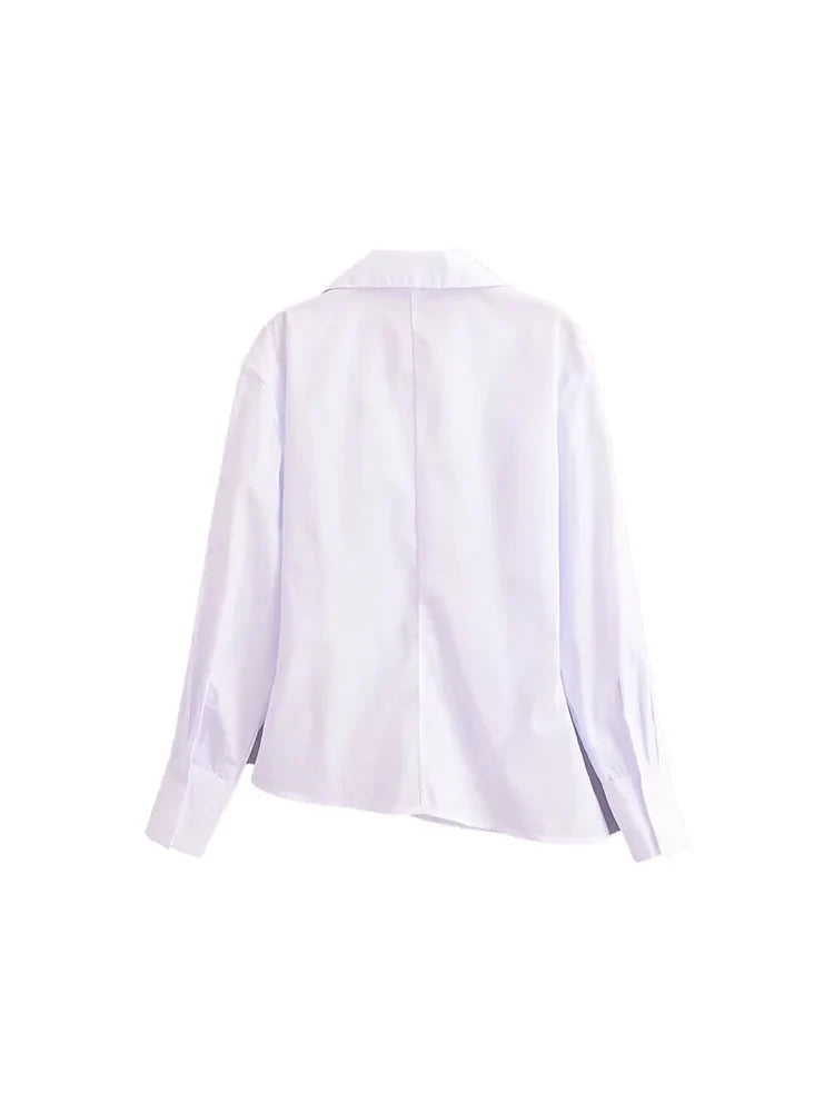 Women's Summer Lapel Poplin Shirt Long Sleeve Slim Fit Bow Tie Wrap Solid Color Blouse