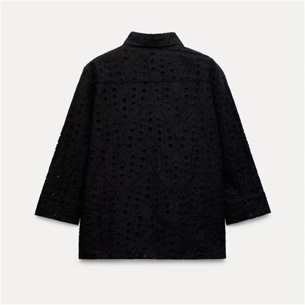 Women's Autumn Hollow Embroidery Poplin Lapel Single Breasted Shirt Stylish Slim Fit Office Casual Blouse