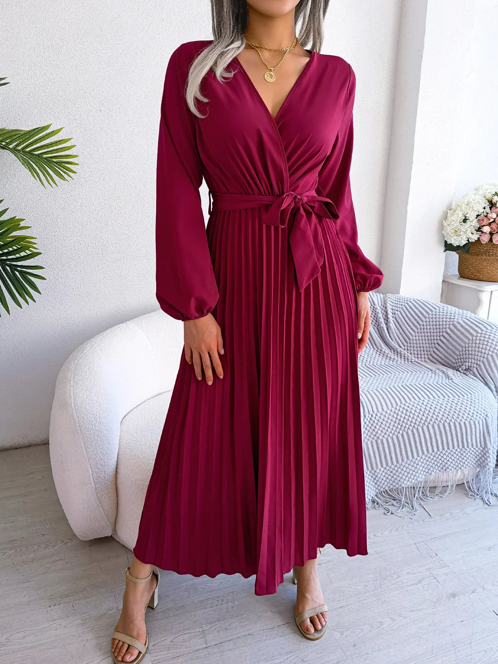 Elegant Surplice Neck Pleated Maxi Dress With Belt Flair