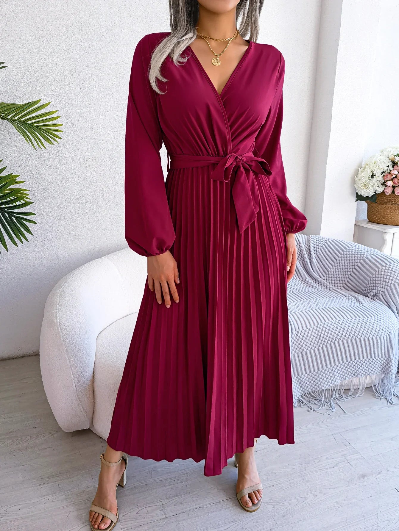 Elegant Surplice Neck Pleated Maxi Dress With Belt Flair