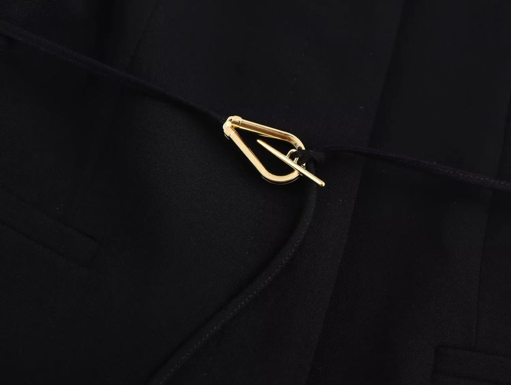 Women's Casual Black Sleeveless Split Design Vest Pants Set with Belt for Autumn Commuting