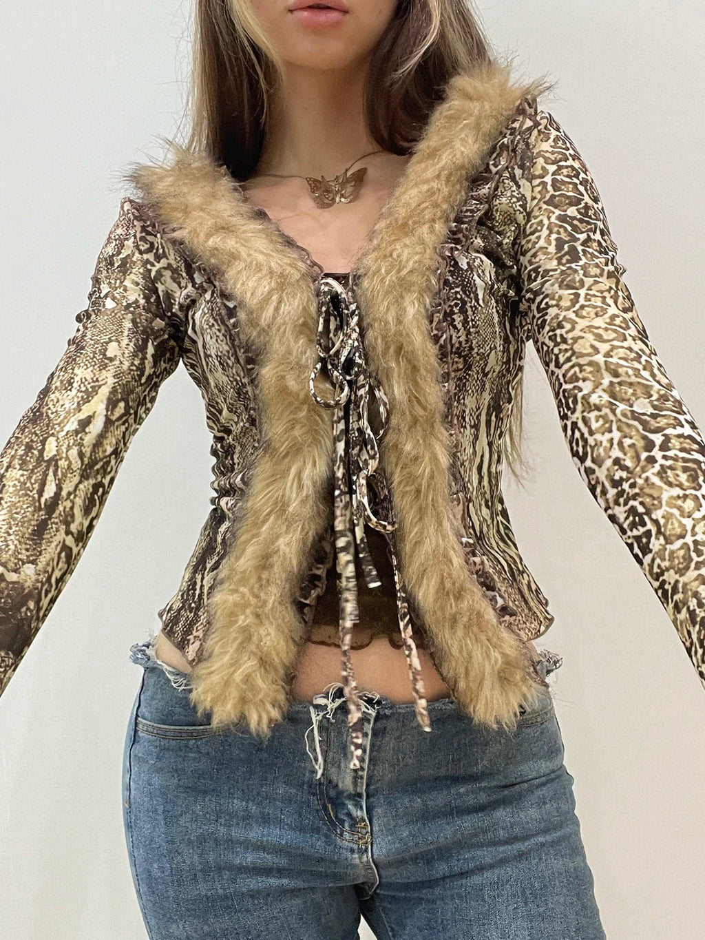 Casual Leopard Fur Trim Sheer Mesh V-Neck Long Sleeve Slim Bandage Blouse for Women
