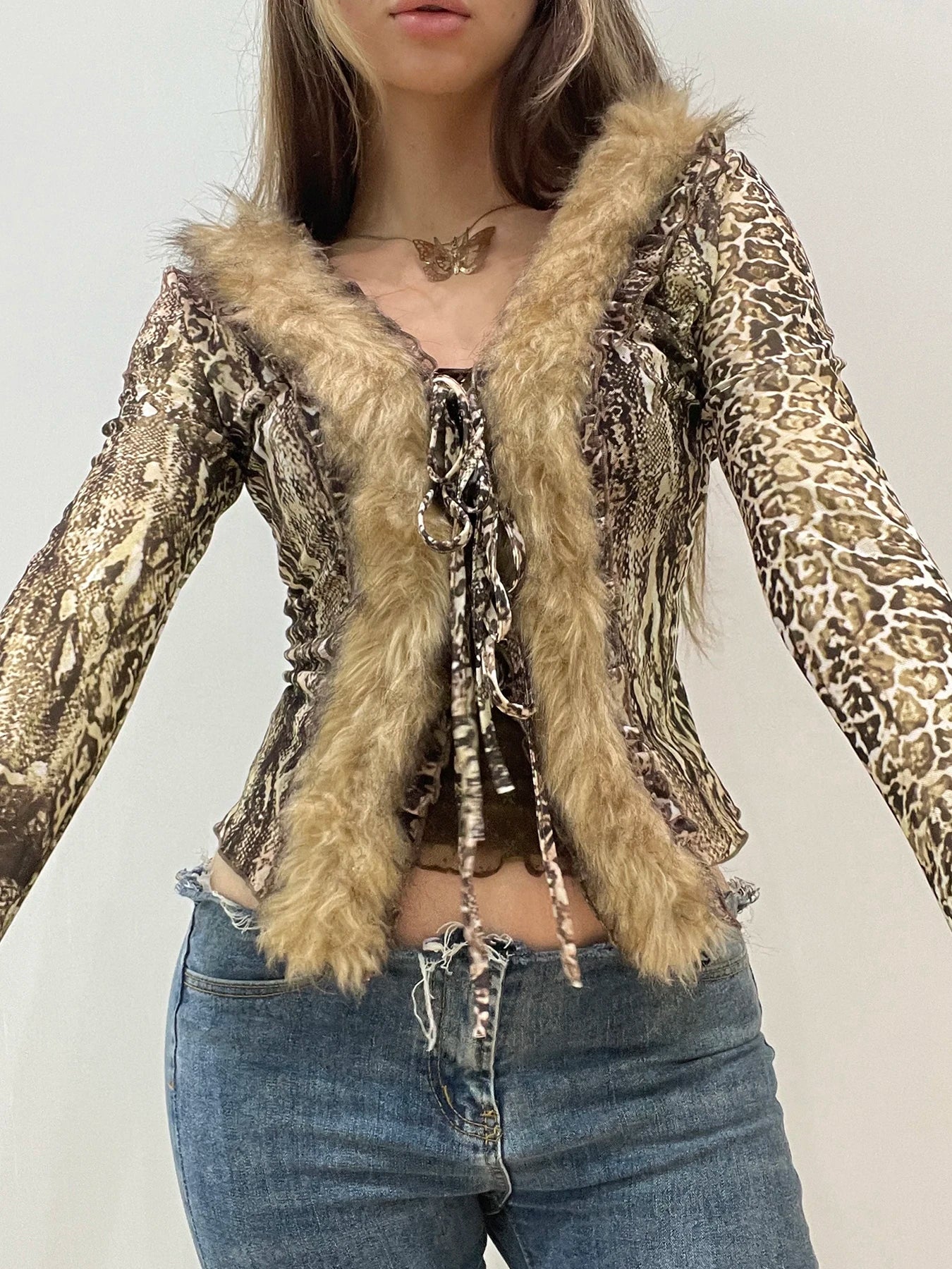 Casual Leopard Fur Trim Sheer Mesh V-Neck Long Sleeve Slim Bandage Blouse for Women