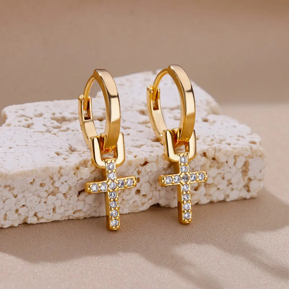 Zircon Cross Dangle Earrings for Women - Stainless Steel Wedding Jewelry for Couples and Girls