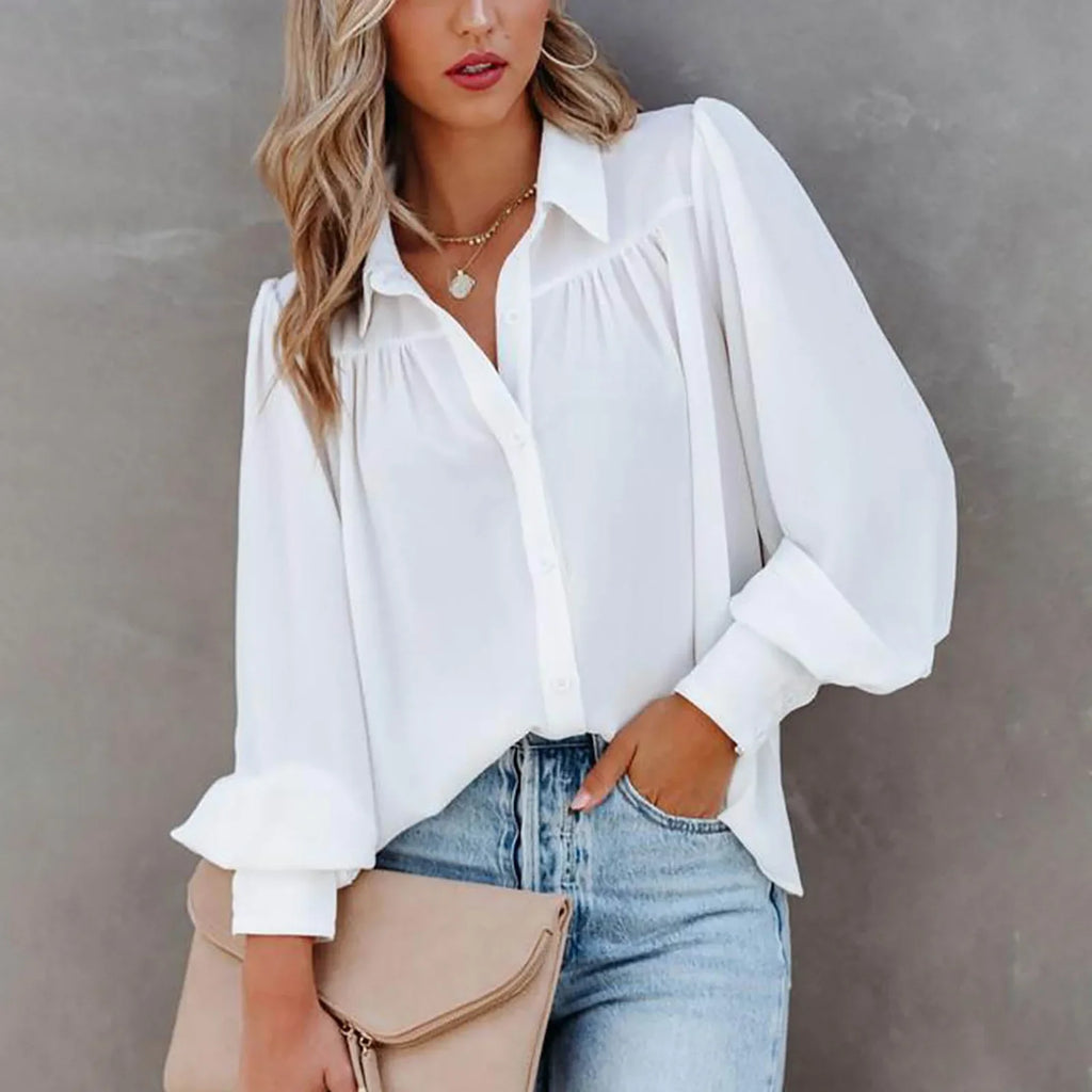 Casual White and Yellow Button-Up Lapel Cardigan Shirt for Women Loose Long Sleeve Oversized Blouse Tunic Top
