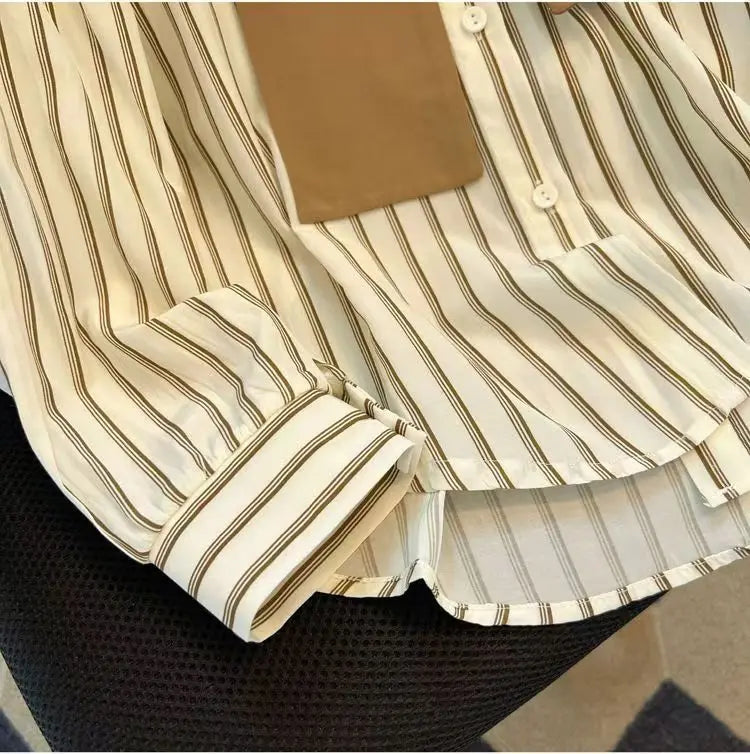 Chic Casual Fake Two Piece Long Sleeve Stripe Shirt for Women Stylish Matching Blouse Top