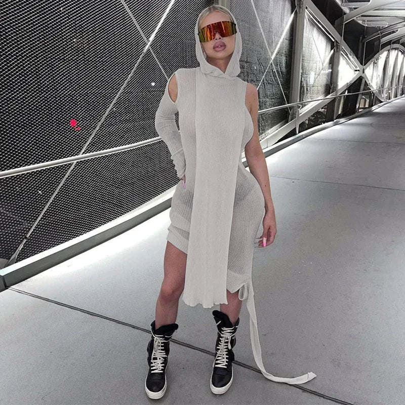 One Sleeve Knit Midi Dress Hooded Ribbed Clubwear Chic