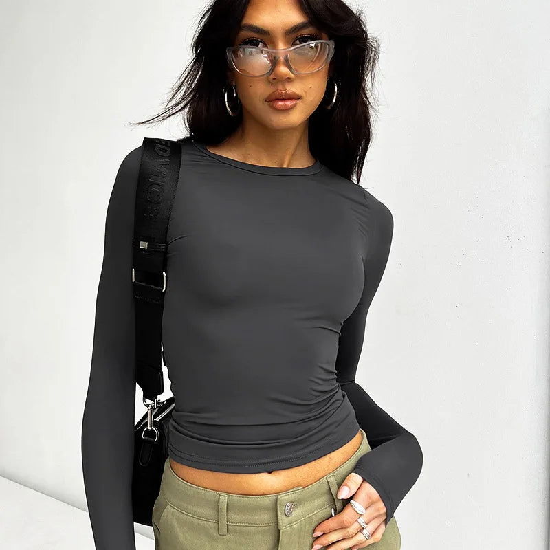 Women's Slim Fit Long Sleeve Solid Color T-Shirt for Spring and Autumn Casual Street Wear