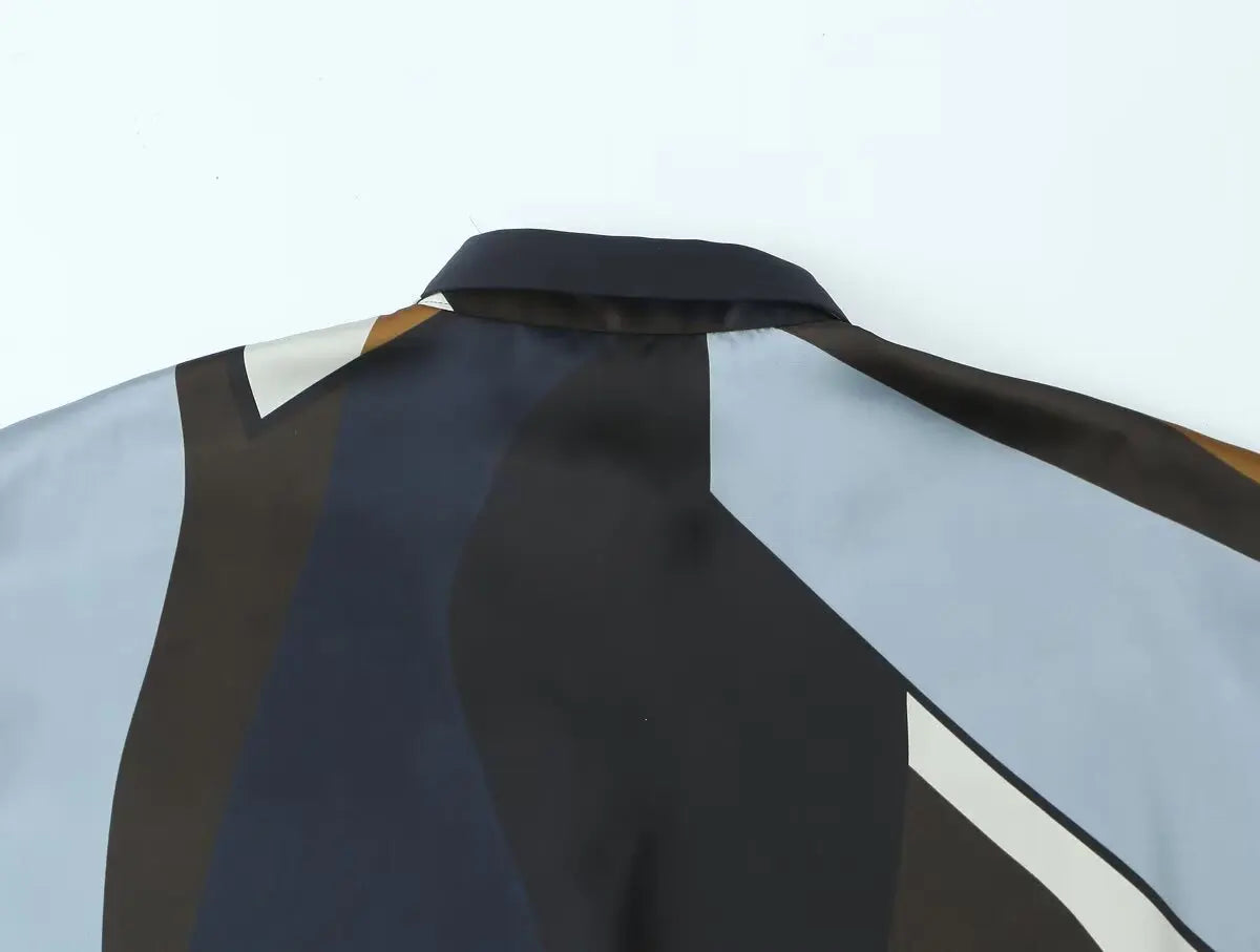 Women's Satin Printed Lapel Shirt Long Sleeve Hidden Button Slim Fit Casual Chic Top for Spring and Summer