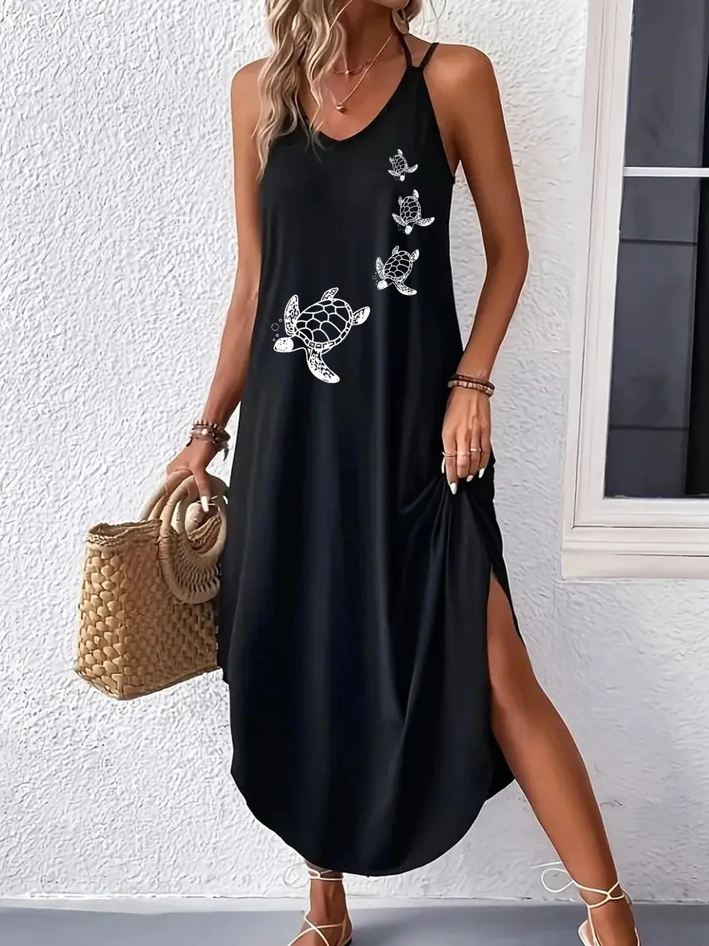 Sleeveless Sea Turtle Print Cami Maxi Dress With Curvy Hem