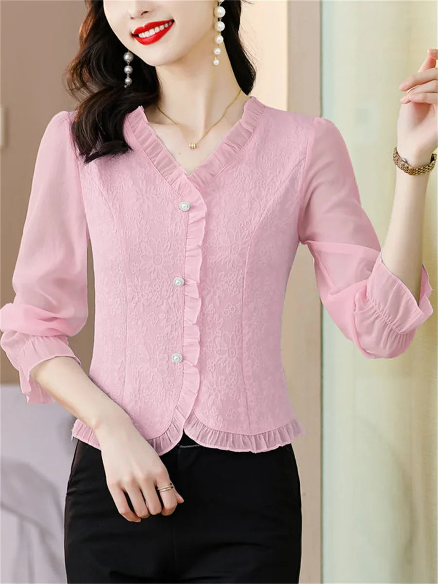 Women Casual Long Sleeve V-Neck Blouse Solid Color Lightweight Shirt for Spring and Autumn