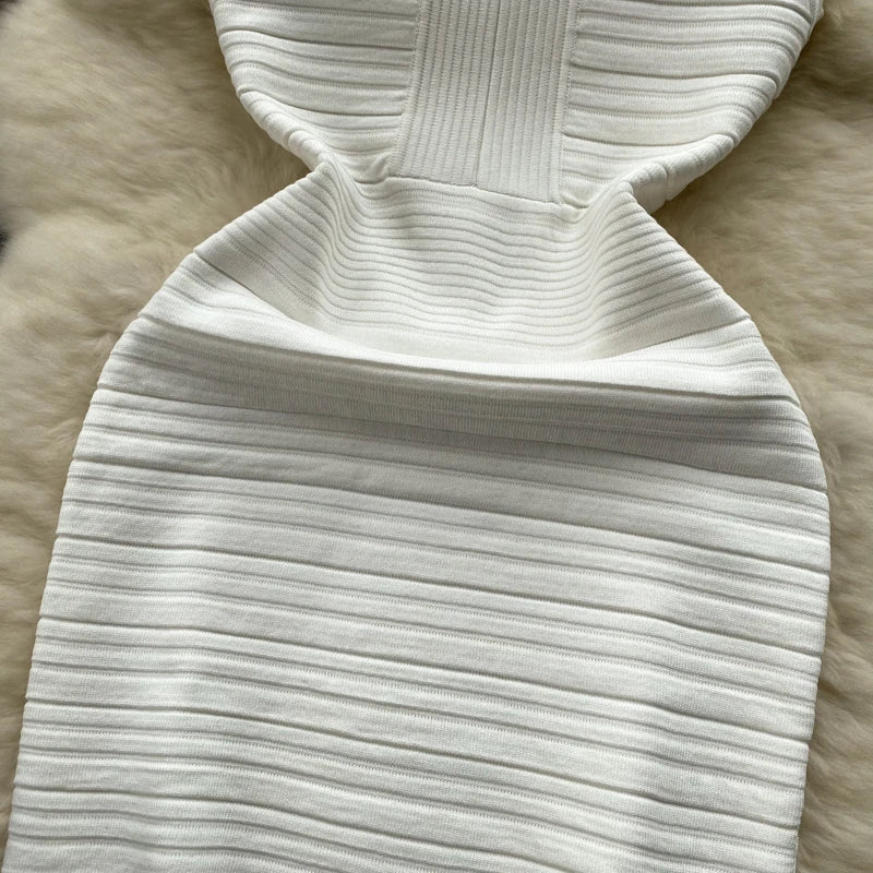 White Knit Tank Dress V Neck Sleeveless Bodycon Wrap Dress