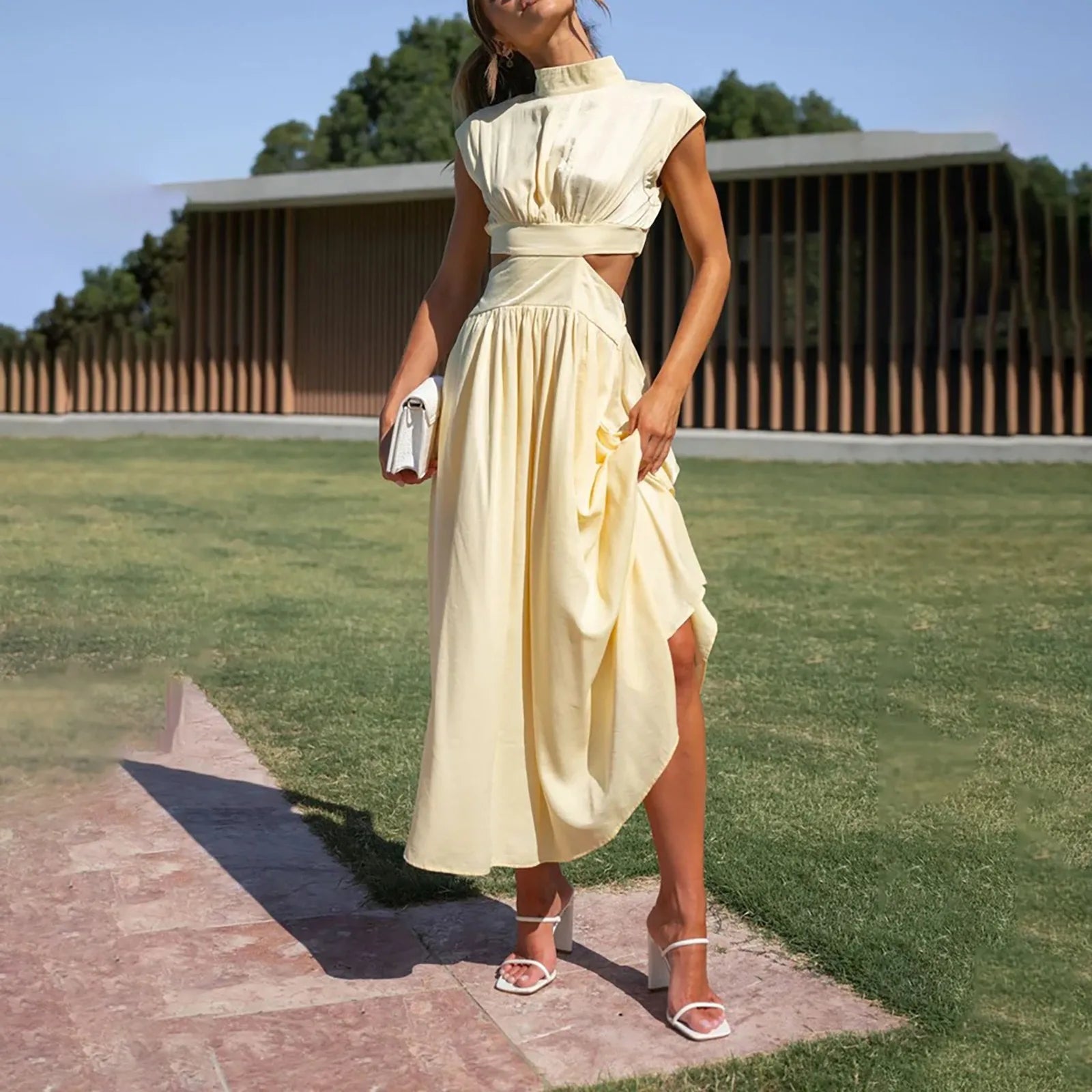 Solid Color High Waist Maxi Dress Sleeveless With Pockets