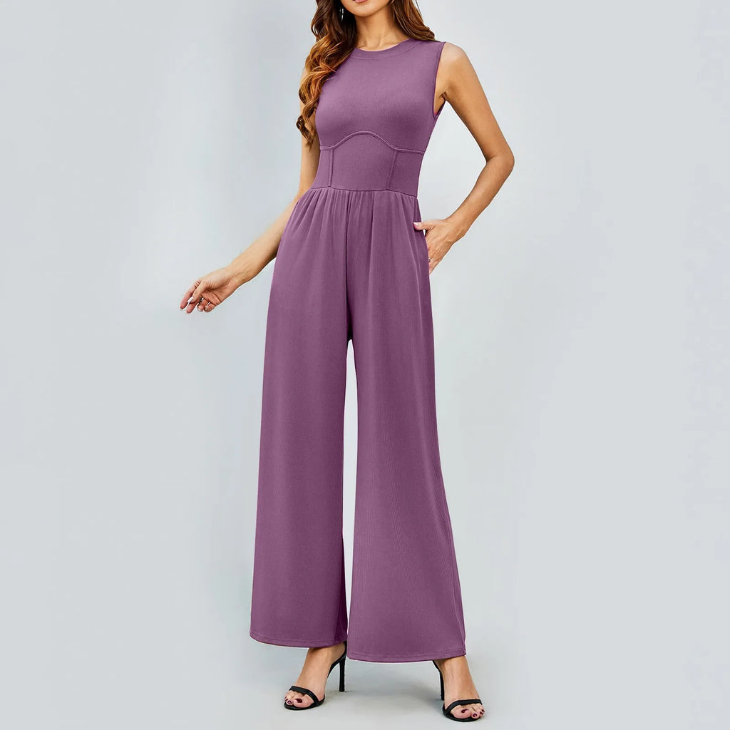 Women Sleeveless High Neck Ribbed Tank Top Jumpsuit Wide Leg Pants Romper with Tummy Control and High Waist Casual Summer Outfit