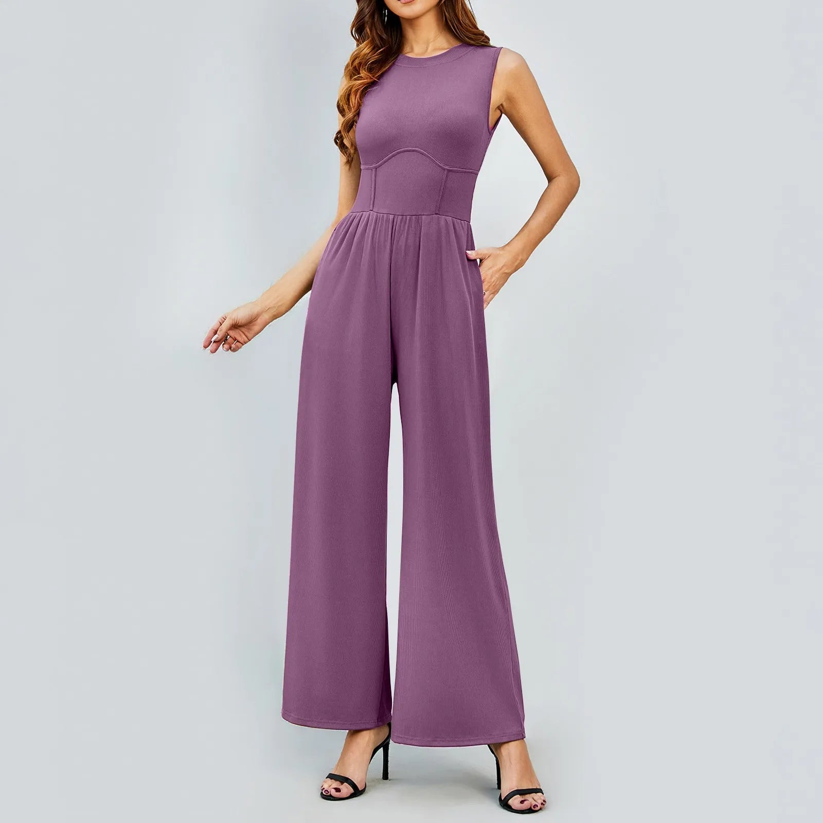 Women Sleeveless High Neck Ribbed Tank Top Jumpsuit Wide Leg Pants Romper with Tummy Control and High Waist Casual Summer Outfit