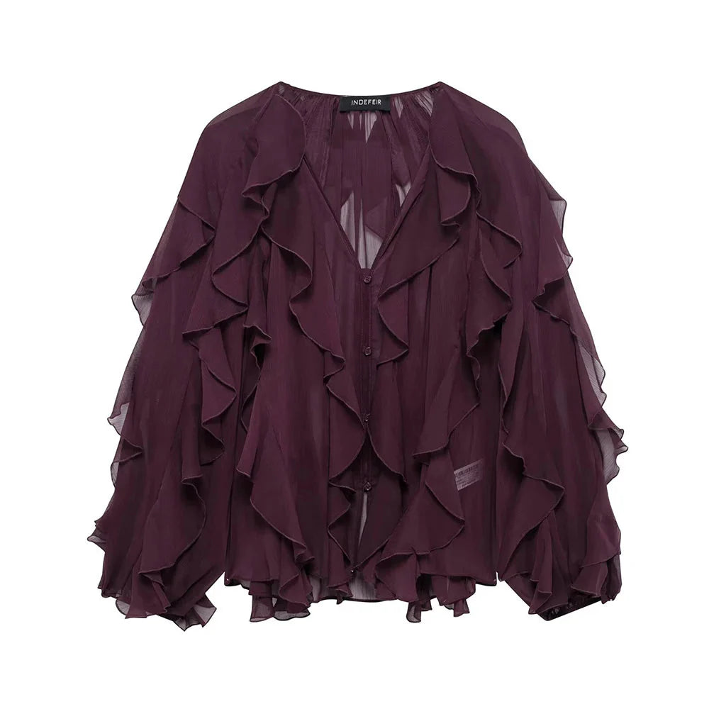 Loose Fit Burgundy Mesh Ruffle Shirt with Flutter Sleeves and Stacked Decorative Design for Women