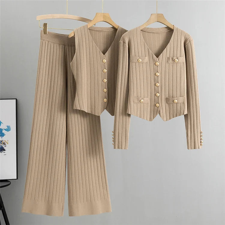 Women's Three Piece Cardigan Set Casual Sweater Outfit with Striped Cardigan Top and Wide Leg Pants
