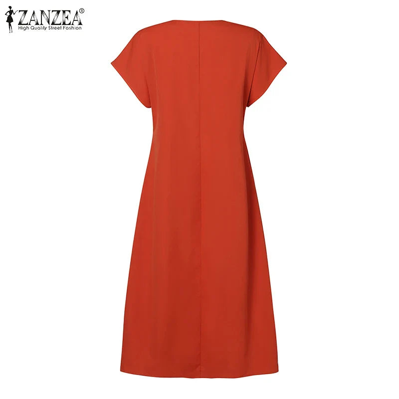 Summer Party Sundress Women O Neck Short Sleeve Mid Calf