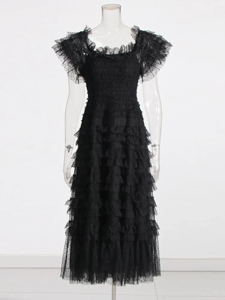 Patchwork Mesh Dress For Women High Waist Ruffled Casual