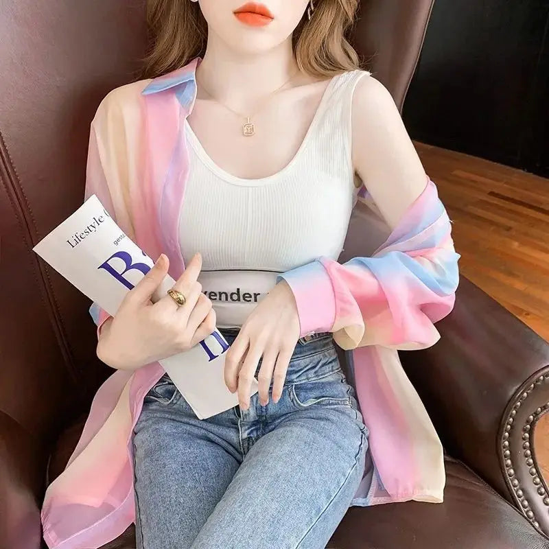 Sheer Long Sleeve Gradient Rainbow Blouse Casual Loose Fit Office Shirt for Women
