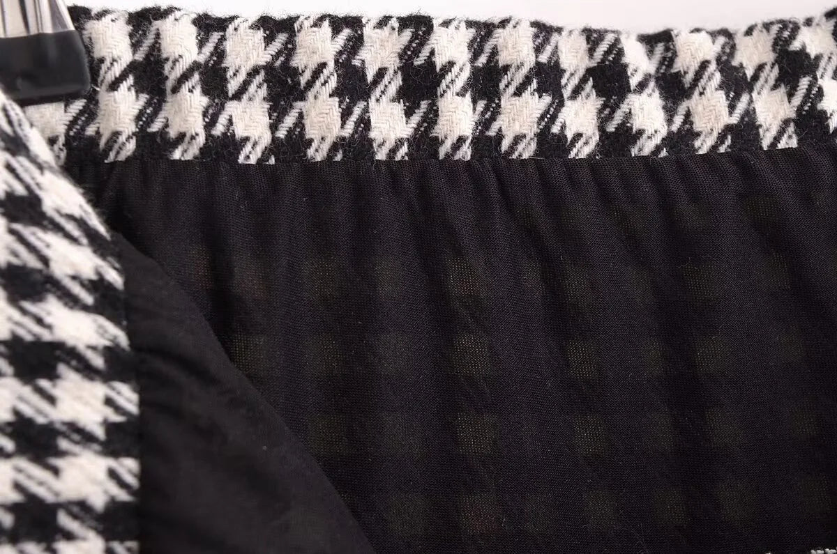 Spring Women's Houndstooth Long-Sleeve Round Neck Commuter Jacket with Casual Temperament Short Skirt Set