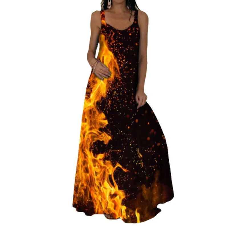 Flame Print Sleeveless Dress For Summer Casual Wear