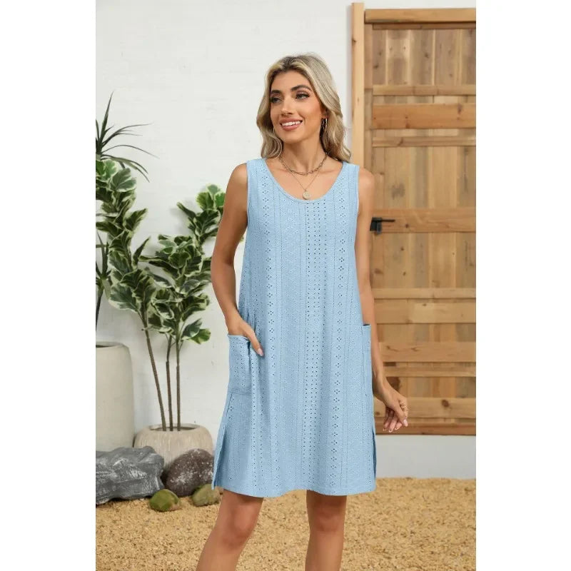 Loose Sleeveless Dress With Pockets Round Neck Solid Color