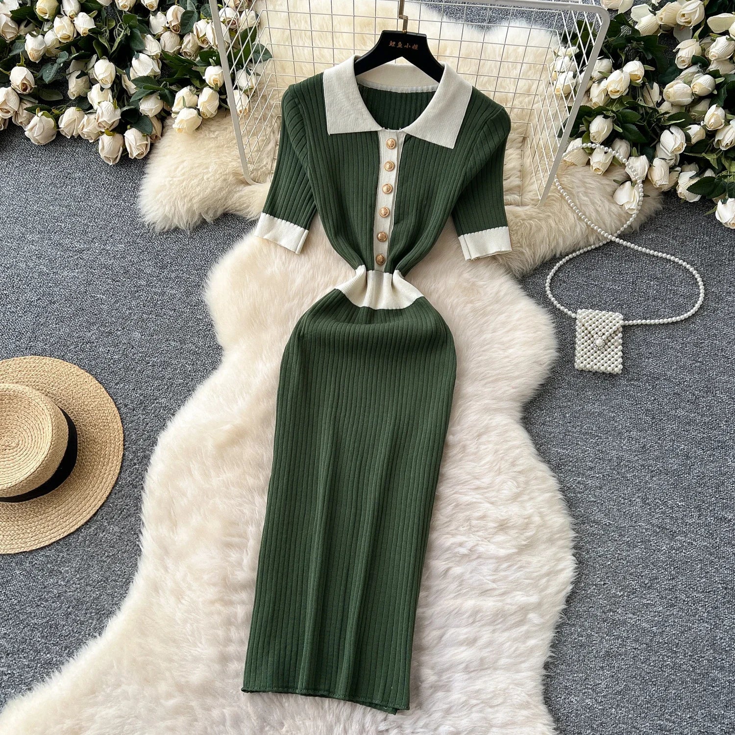 Patchwork Knitted Polo Collar Dress For Women Spring Summer