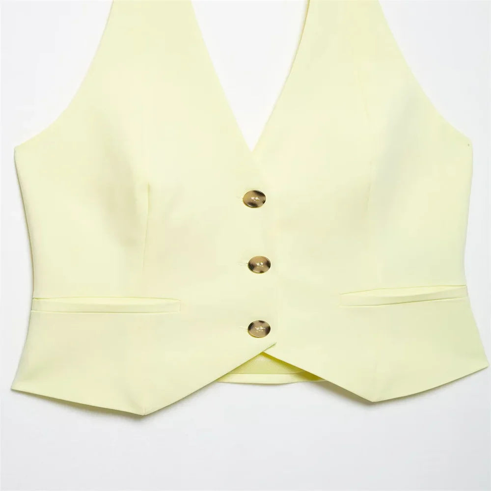 Womens Light Yellow Suit Set Halter Vest with Gold Buttons and Pleated Wide Leg Pants Stylish Ensemble