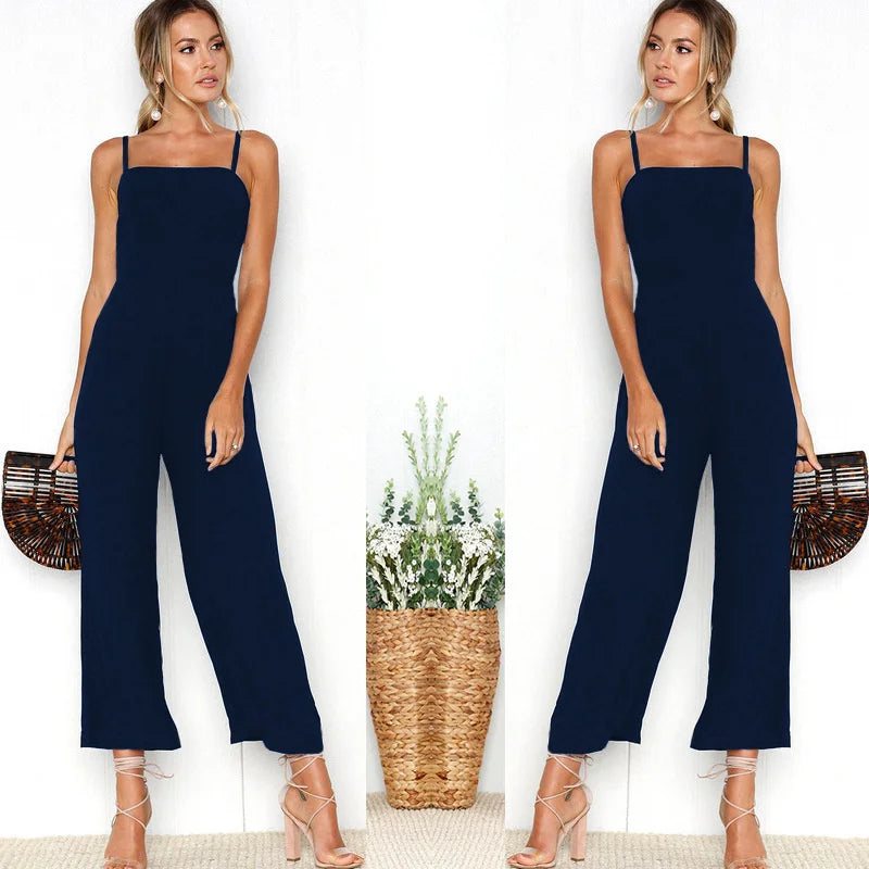 Women Sleeveless Bib Dungarees Jumpsuit Casual Loose Fit Solid Color Wide Leg Overalls with Spaghetti Straps for Autumn