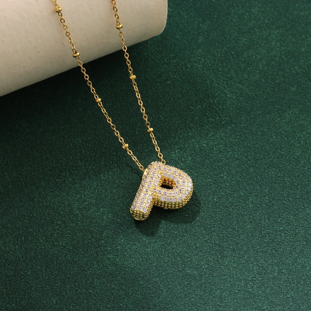 Luxury Zircon Crystal Initial Necklace for Women Stainless Steel Choker Chain Jewelry