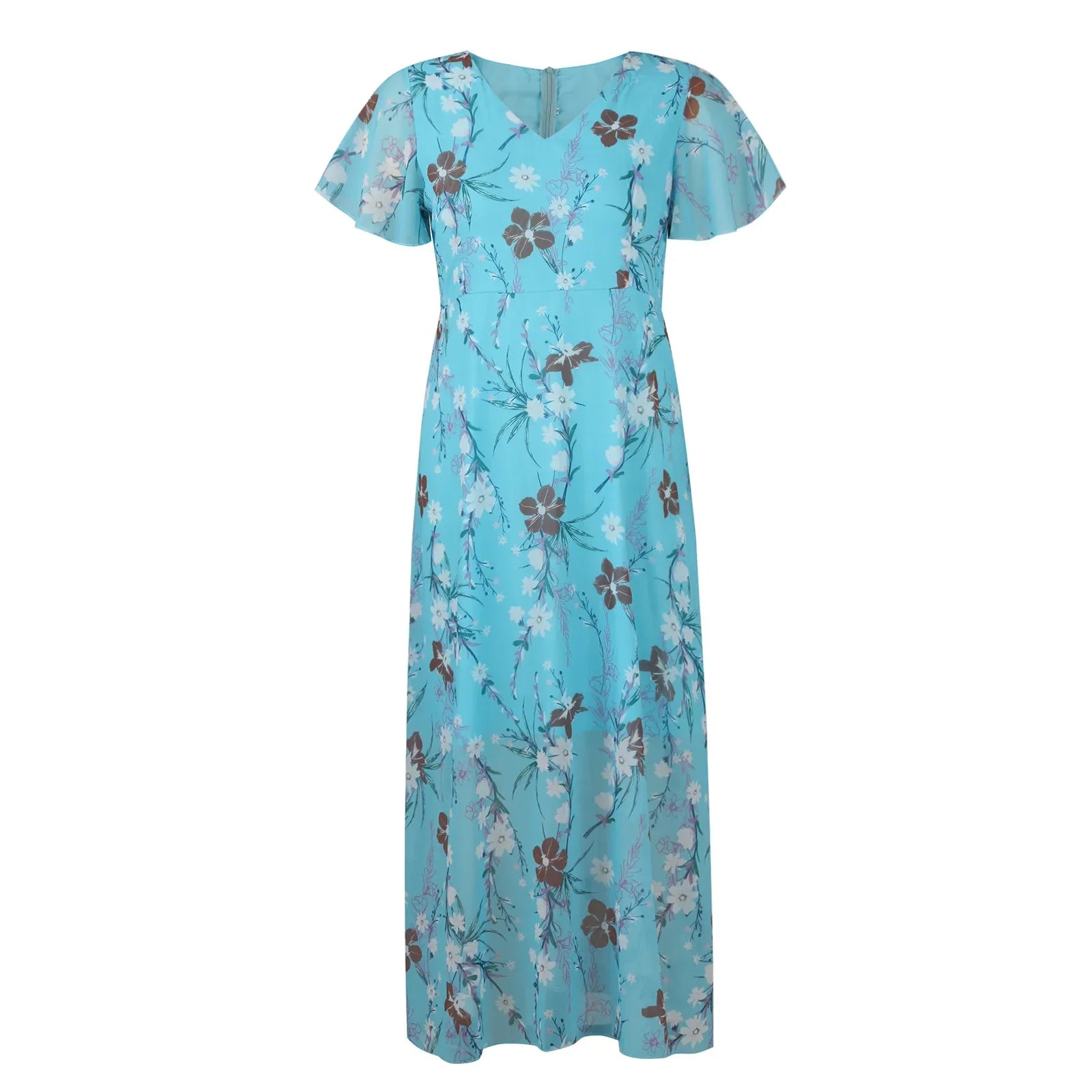 V Neck Floral Chiffon Maxi Dress With Ruffle Short Sleeves