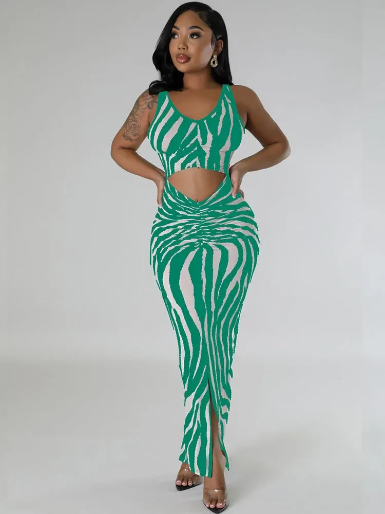 Zebra Print Bodycon Maxi Dress Ruched Sleeveless Party