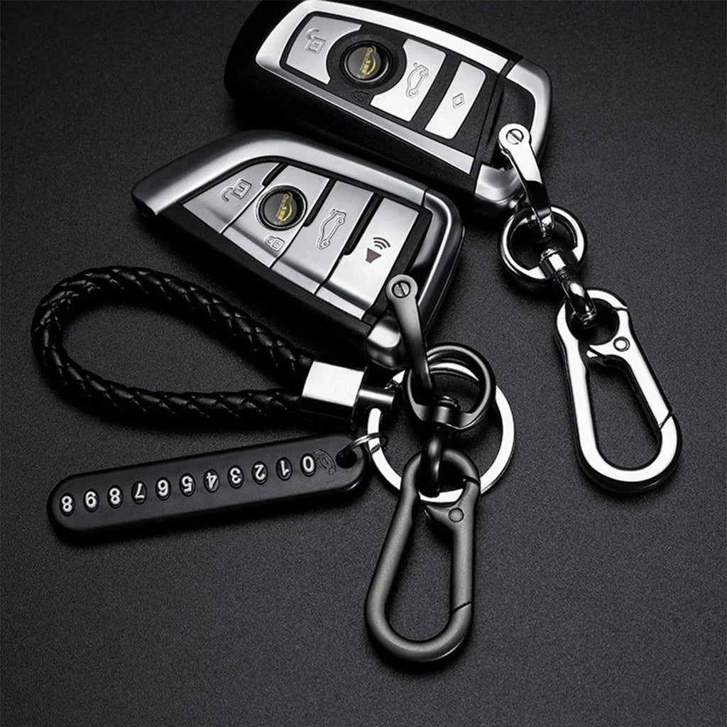 Trendy DIY Mobile Phone Number Plate Keychain for Men with Woven Leather Rope and Anti-Lost Design