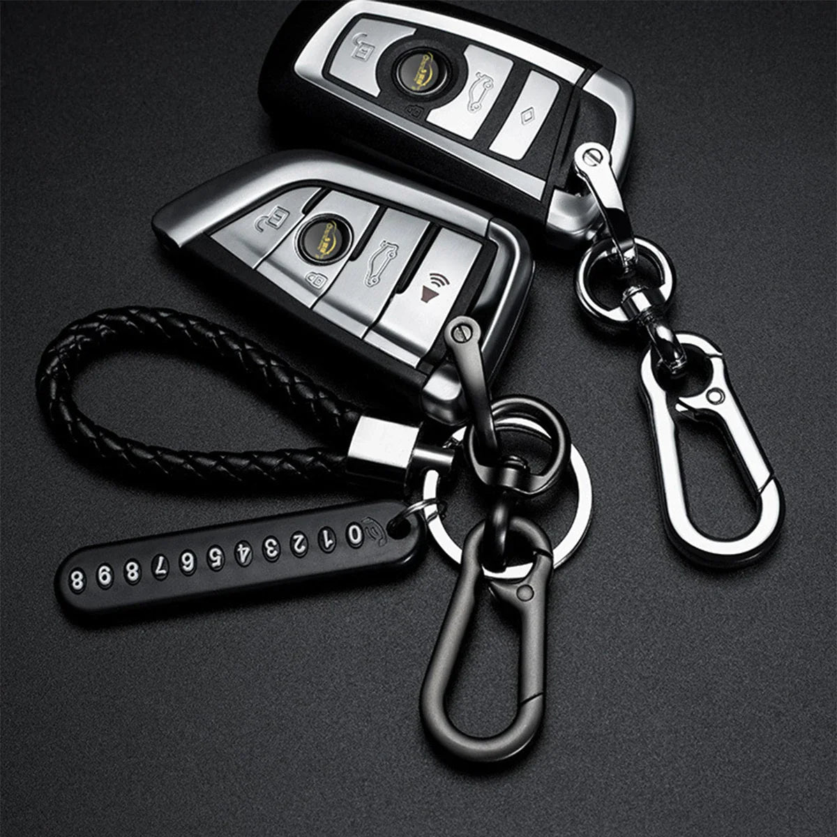 Trendy DIY Mobile Phone Number Plate Keychain for Men with Woven Leather Rope and Anti-Lost Design