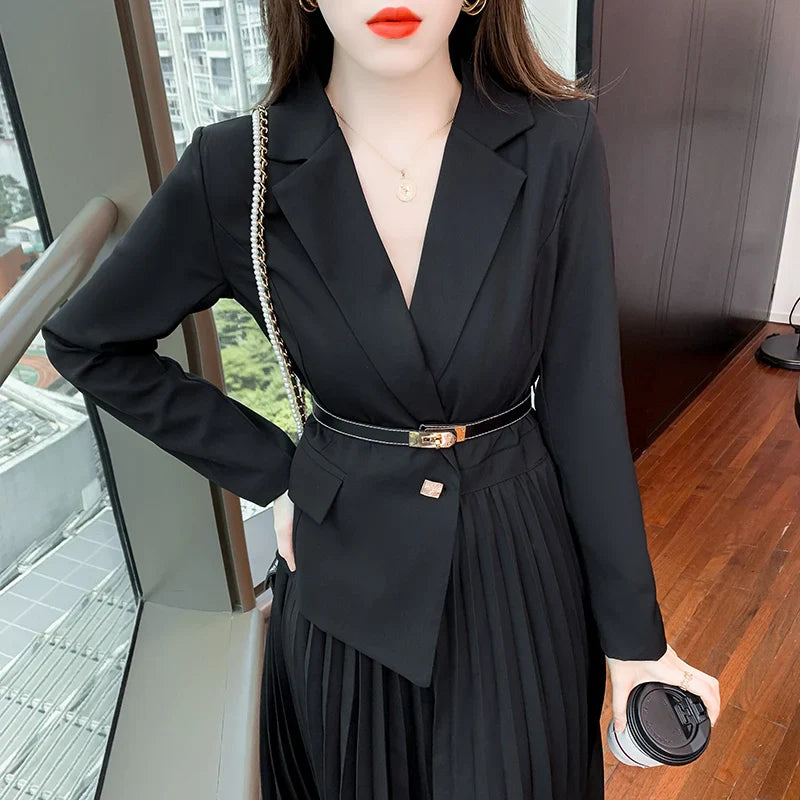 Faux Two Piece Dress With Blazer Collar Pleated Skirt