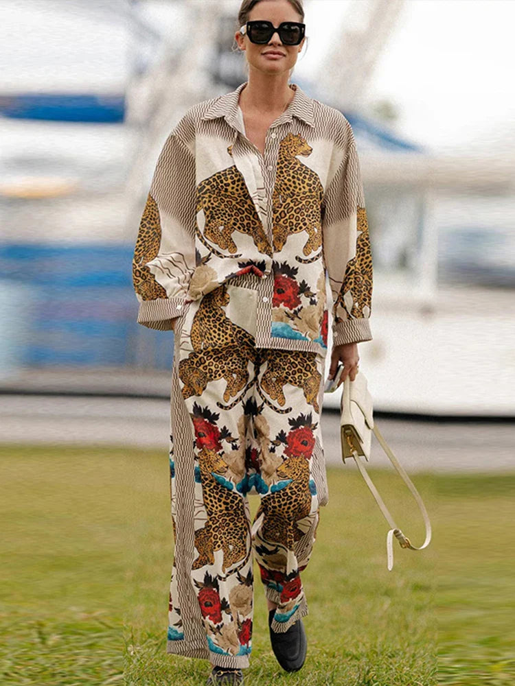 Autumn Women Leopard Print Suit Vintage Single Breasted Wide Leg Pants Set Casual Loose Outfit