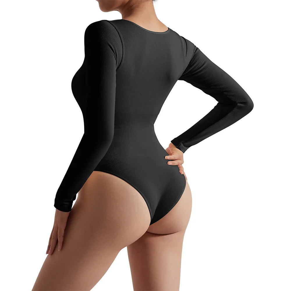 Sexy Long Sleeve Bodysuit for Women Skinny Bodycon V-Neck Push Up Romper Streetwear Jumpsuit