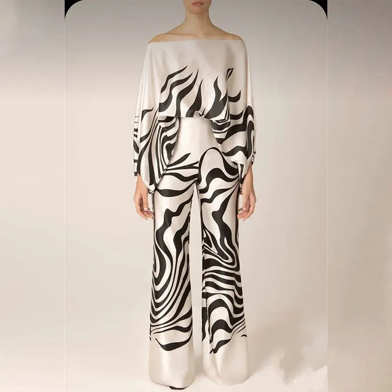 Women's Off Shoulder Satin 2-Piece Set with Lantern Sleeve Top and Wide Leg Pants for Elegant Office Wear