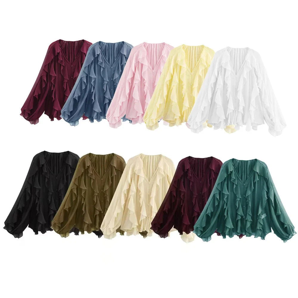 Women's Retro Loose V Neck Layered Casual Shirt Lightweight Temperament Blouse for Spring