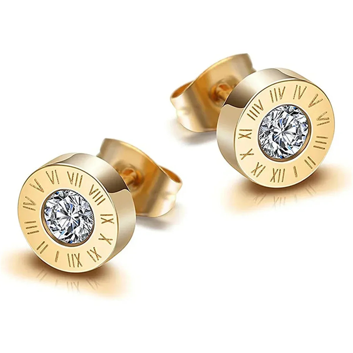 Vintage Roman Numerals Stainless Steel Acrylic Crystal Stud Earrings for Women and Men
