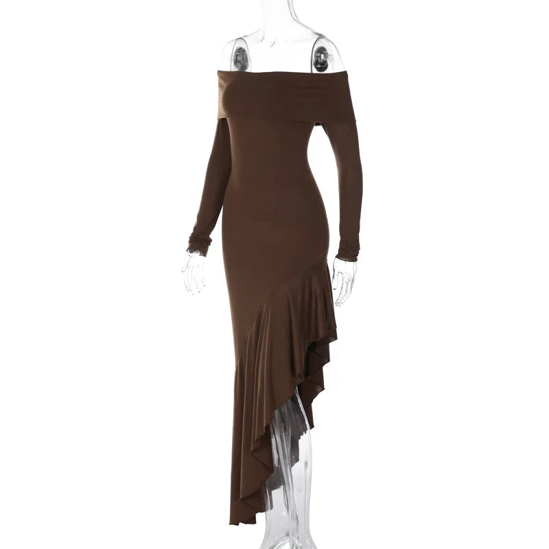 Hugcitar Slash Neck Long Sleeve Ruffles Irregular Elegant Sexy Bodycon Maxi Dress 2023 Summer Women Outfit Wedding Birhday Party