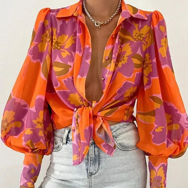Charming Fashion Lapel Lantern Sleeve Blouse Vintage Floral Print Button Up Long Sleeve Shirt for Office and Casual Wear