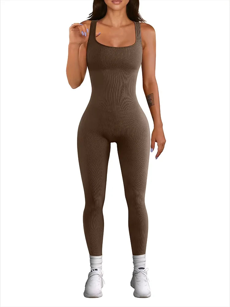 Women's Sleeveless Ribbed Yoga Jumpsuit with Square Neck and High Waist One-Piece Fitness Sports Vest