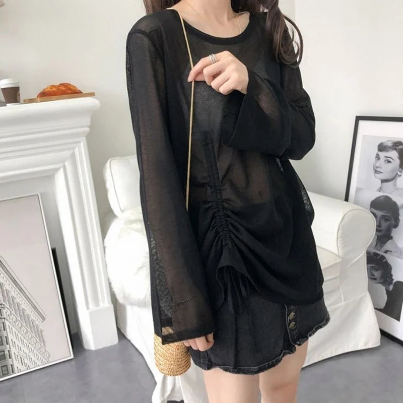 Rimocy Women Ice Silk Long Sleeve Sunscreen T Shirts for Summer Fashion with Drawstring Loose Fit