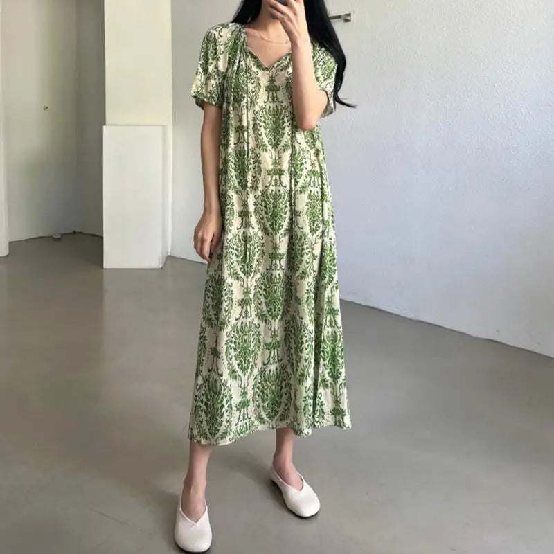 Women Loose Casual Maxi Dress With Lace Up O Neck Printed