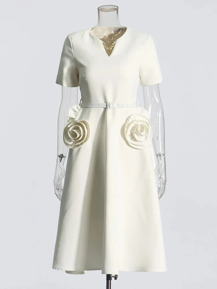 Hollow Out Patchwork Dress For Women V Neck Long Belted