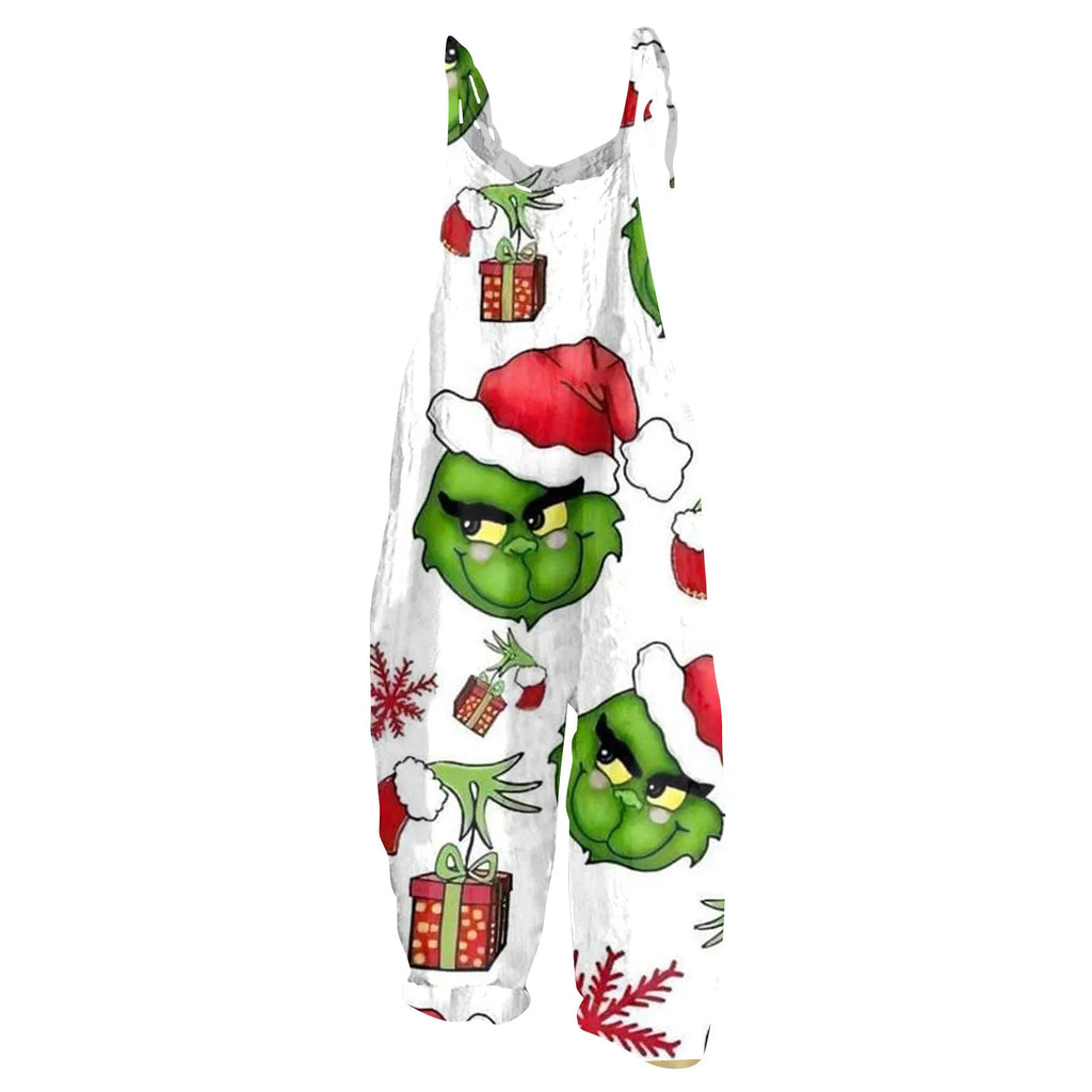 Kawaii Cartoon Print Casual Loose Vintage Strappy Jumpsuit Women's Fashion Festival Pants with Christmas Theme