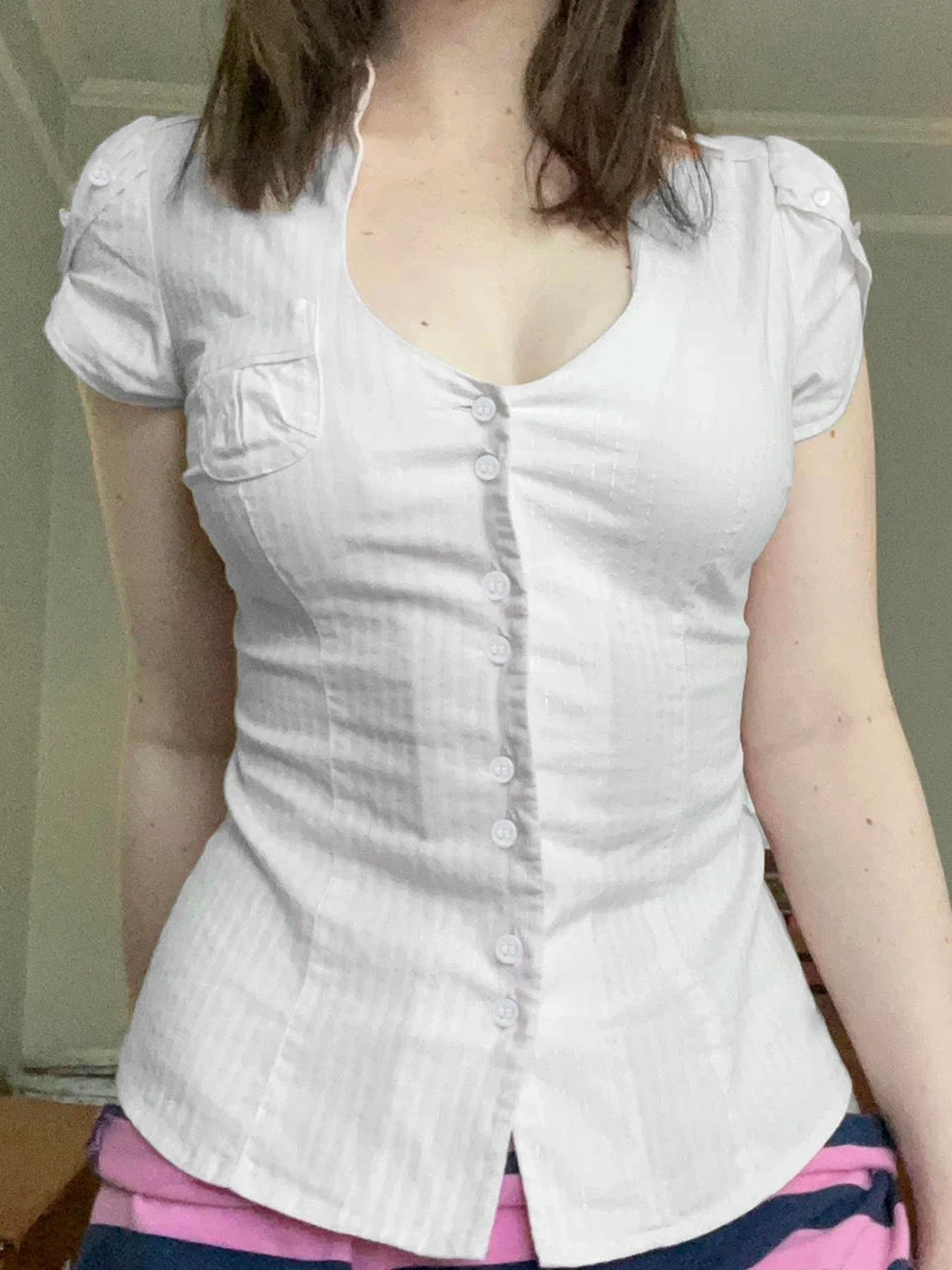 Slim Striped Blouse for Women Casual V-Neck Turn-Down Collar Short Puff Sleeve Summer Shirt